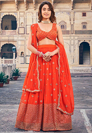 Embroidered Georgette Lehenga in Orange