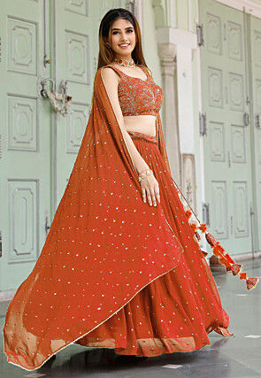 Embroidered Georgette Lehenga in Orange