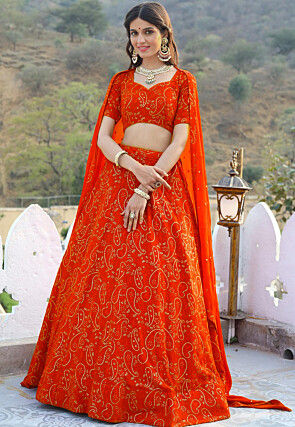 Embroidered Georgette Lehenga in Orange