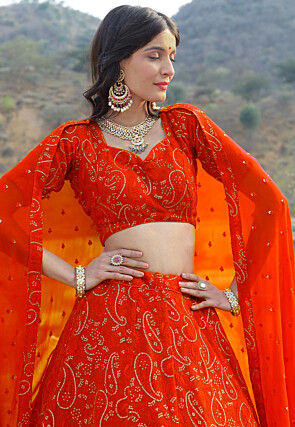 Embroidered Georgette Lehenga in Orange