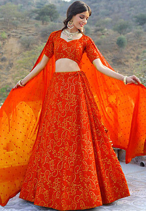 Embroidered Georgette Lehenga in Orange