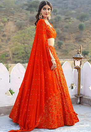 Embroidered Georgette Lehenga in Orange