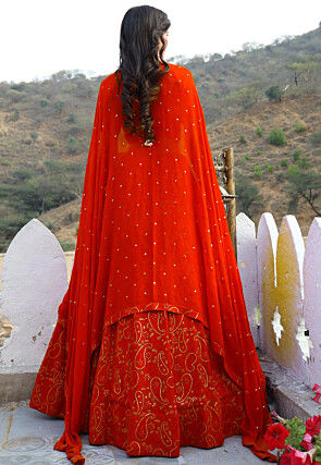 Embroidered Georgette Lehenga in Orange