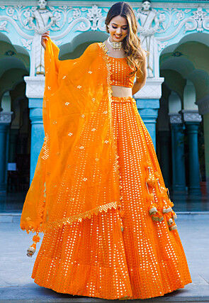 Wedding Wear Orange And Pink Color Lehenga Style Saree