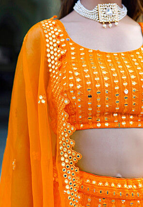 Embroidered Georgette Lehenga in Orange