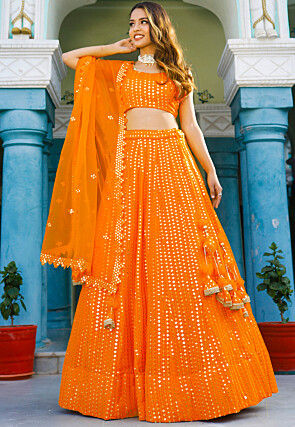 Embroidered Georgette Lehenga in Orange