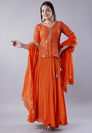 Embroidered Georgette Lehenga in Orange