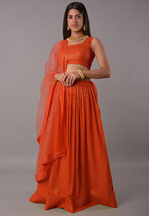 Embroidered Georgette Lehenga in Orange