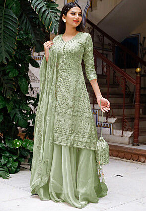 Embroidered Georgette Lehenga in Pastel Green
