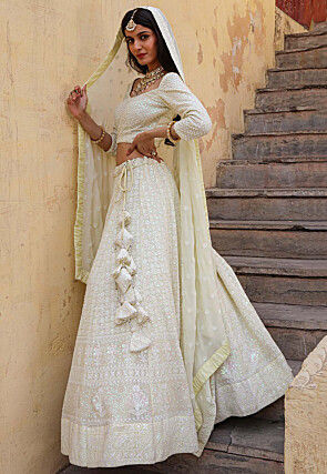 Embroidered Georgette Lehenga in Pastel Yellow