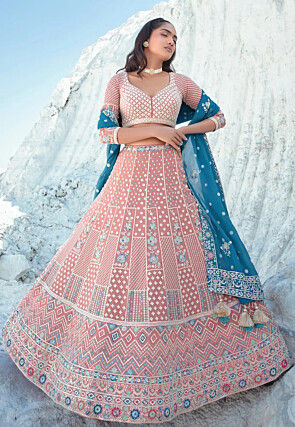 Embroidered Georgette Lehenga in Peach