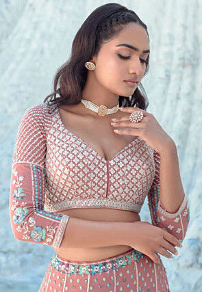 Embroidered Georgette Lehenga in Peach