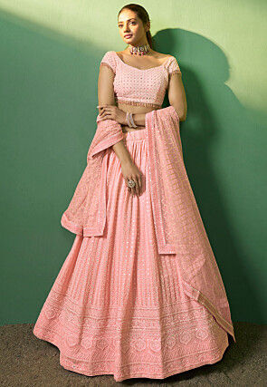 Embroidered Georgette Lehenga in Peach