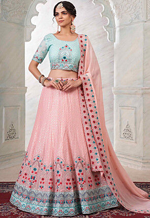 Embroidered Peach Net Lehenga Set With Blue Dupatta – Saris and Things