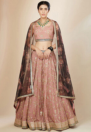 Embroidered Georgette Lehenga in Peach