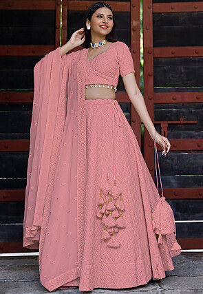 Embroidered Georgette Lehenga in Peach