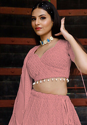 Embroidered Georgette Lehenga in Peach