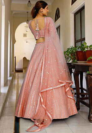 Embroidered Georgette Lehenga in Peach