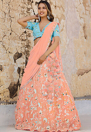 Embroidered Georgette Lehenga in Peach