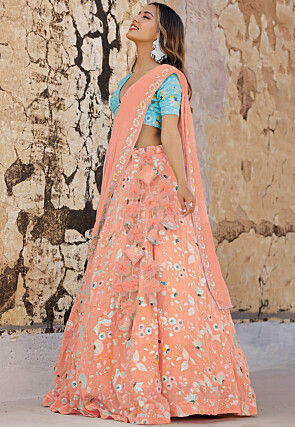 Embroidered Georgette Lehenga in Peach