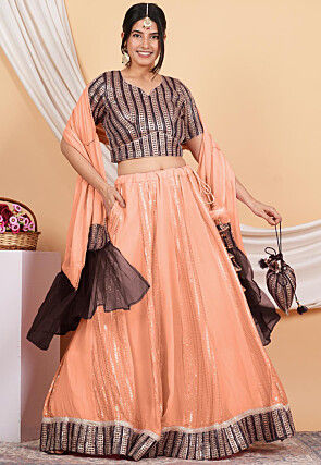 Embroidered Georgette Lehenga in Peach