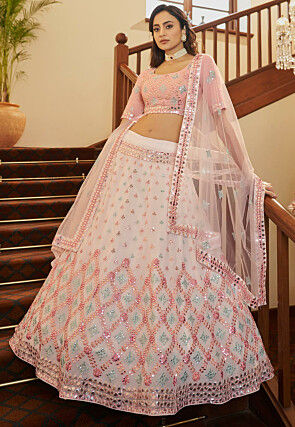 Embroidered Georgette Lehenga in Peach