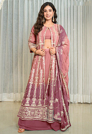Embroidered Georgette Lehenga in Peach