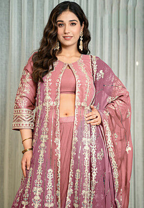 Embroidered Georgette Lehenga in Peach