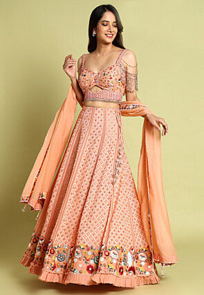 Embroidered Georgette Lehenga in Peach