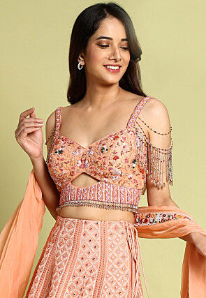 Embroidered Georgette Lehenga in Peach