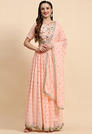 Embroidered Georgette Lehenga in Peach