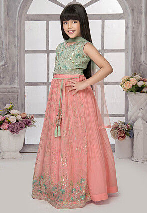 Embroidered Georgette Lehenga in Peach
