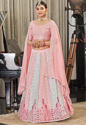 Embroidered Georgette Lehenga in Pink and Grey