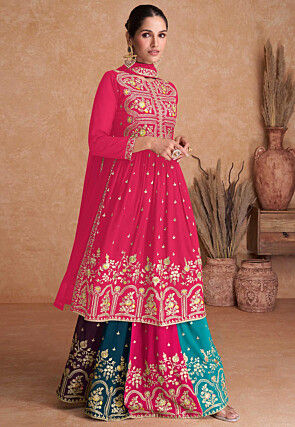 Embroidered Georgette Lehenga in Pink and Multicolor