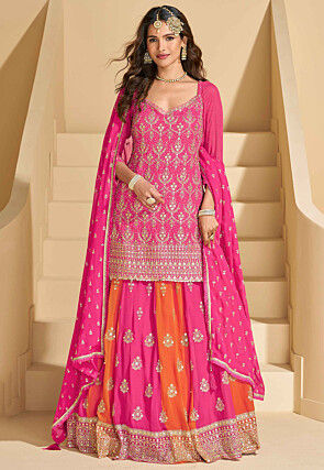 Embroidered Georgette Lehenga in Pink and Orange