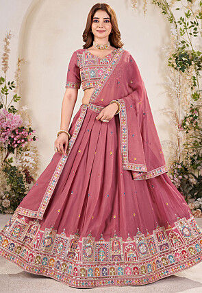 Embroidered Georgette Lehenga in Pink