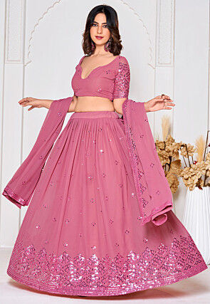 Embroidered Georgette Lehenga in Pink
