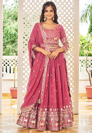 Embroidered Georgette Lehenga in Pink