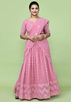Embroidered Georgette Lehenga in Pink