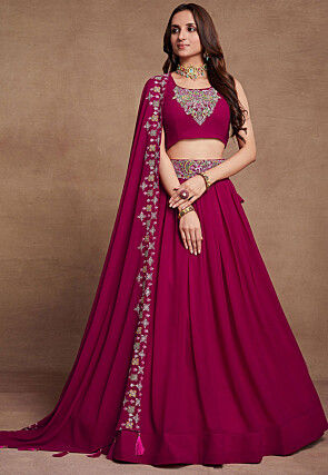 Embroidered Georgette Lehenga in Fuchsia
