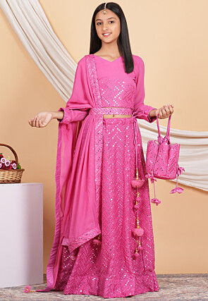 Embroidered Georgette Lehenga in Pink