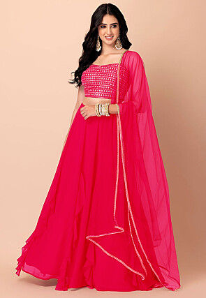 Embroidered Georgette Lehenga in Fuchsia