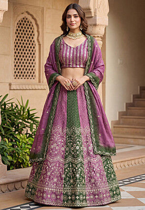 strapless open back dress Purple Color Jacquard Silk Lehenga Choli For Special Pooja