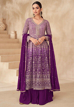 Embroidered Georgette Lehenga in Purple Ombre