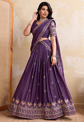 Embroidered Georgette Lehenga in Purple