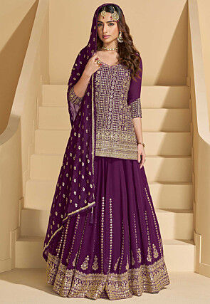 Embroidered Georgette Lehenga in Purple