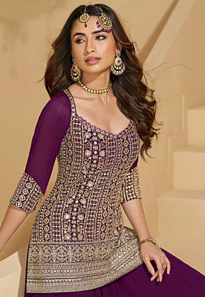 Embroidered Georgette Lehenga in Purple