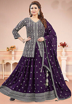 Embroidered Georgette Lehenga in Purple