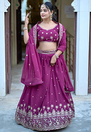 Embroidered Georgette Lehenga in Purple