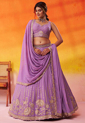 Embroidered Georgette Lehenga in Purple